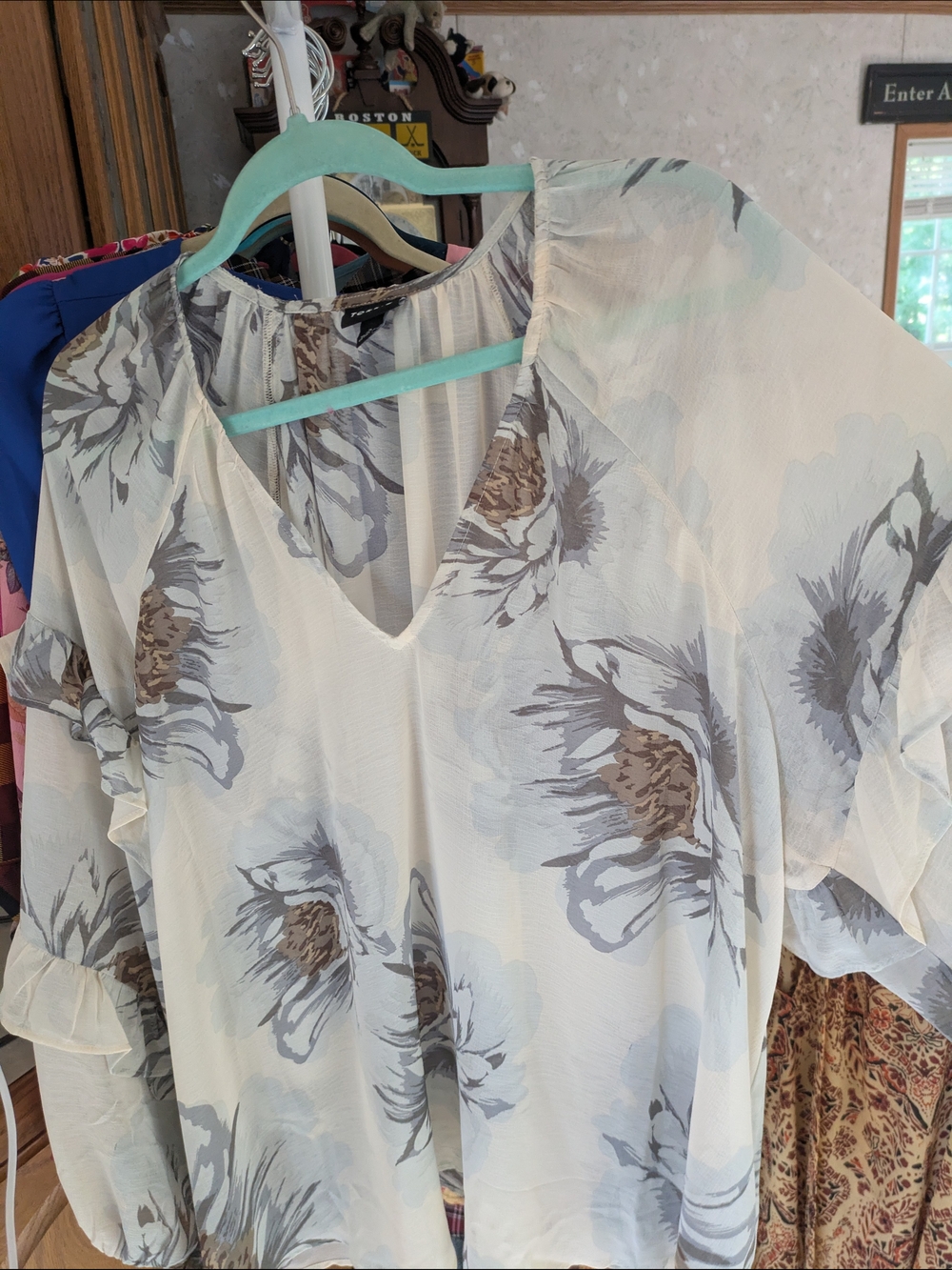 torrid White Sheer Floral V-Neck Blouse with Gray and Brown Floral Print